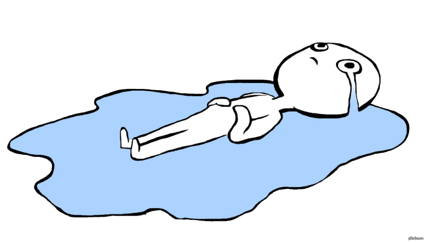 Lies in a puddle of tears