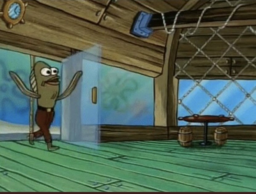 A meme fish from sponch Bob enters crab