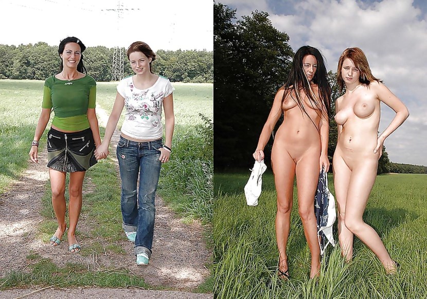 Dressed and stripped naked mothers