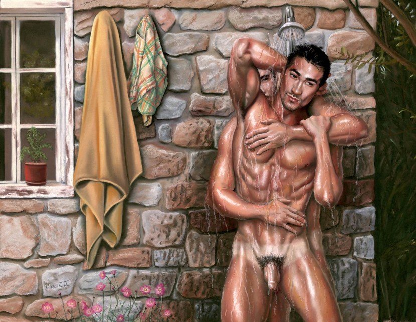 Naked man on a sunbed with a member