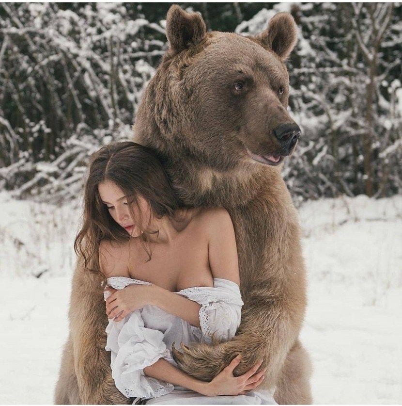 The bear hugs the girl