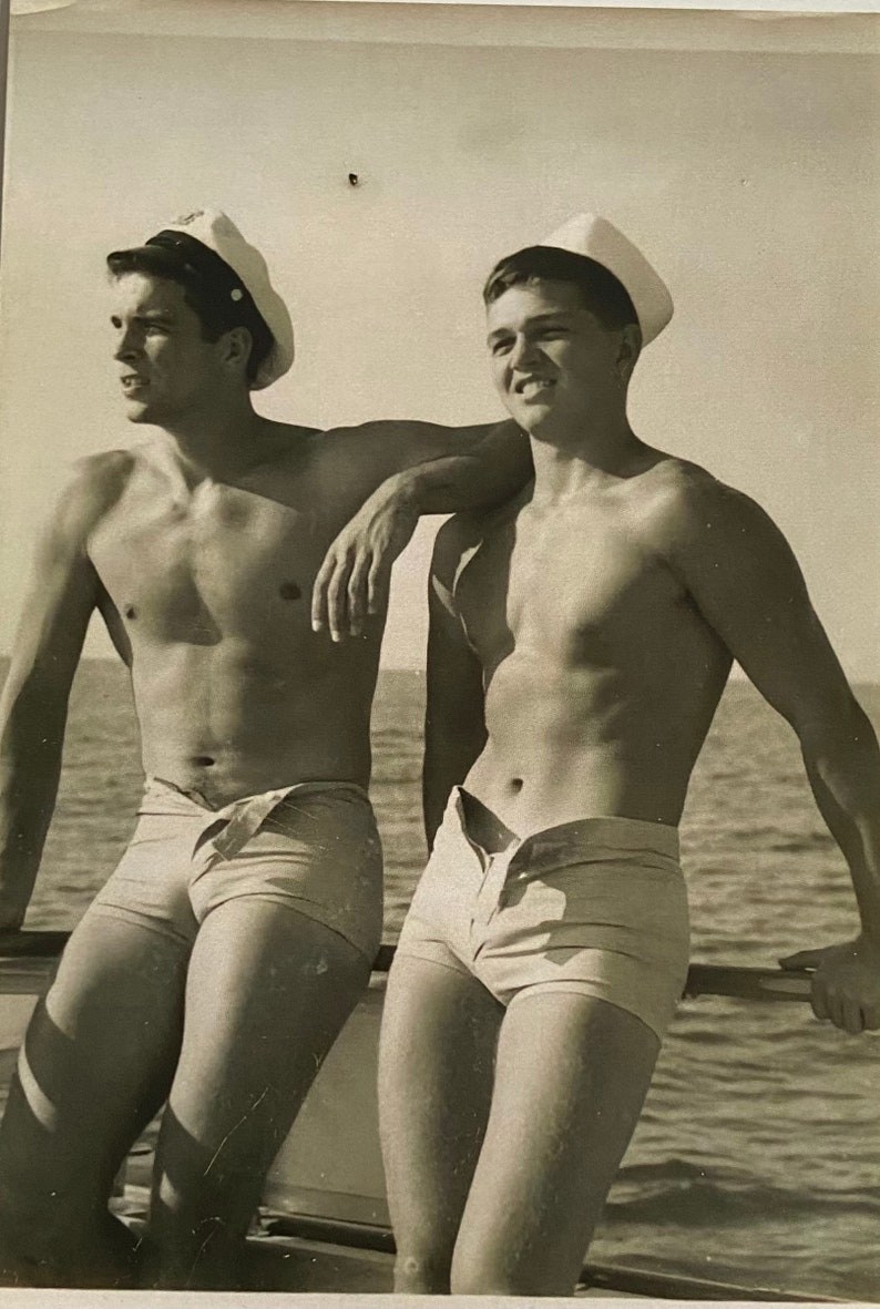 Soviet men in swimming trunks