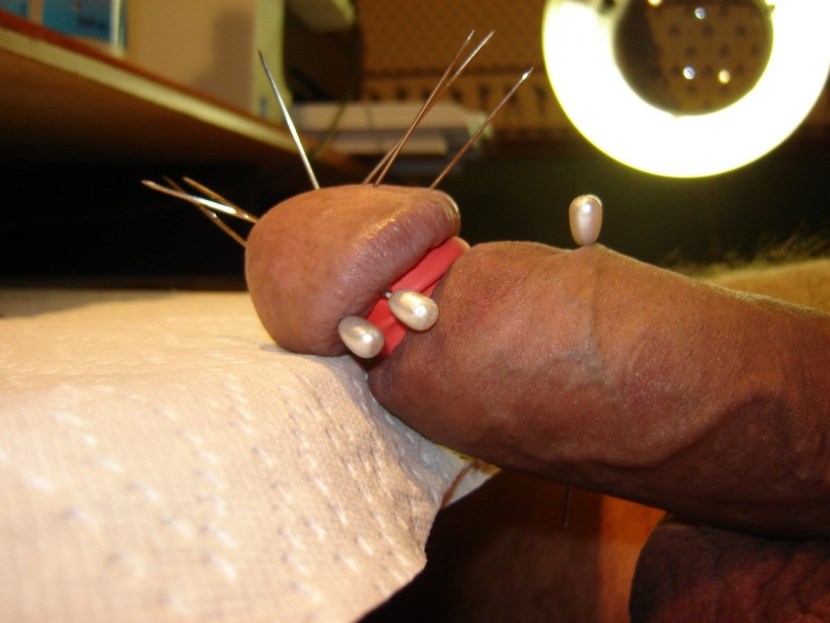 Needles in the head of a member of the BDSM