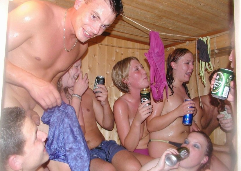 Naked corporate party in the sauna