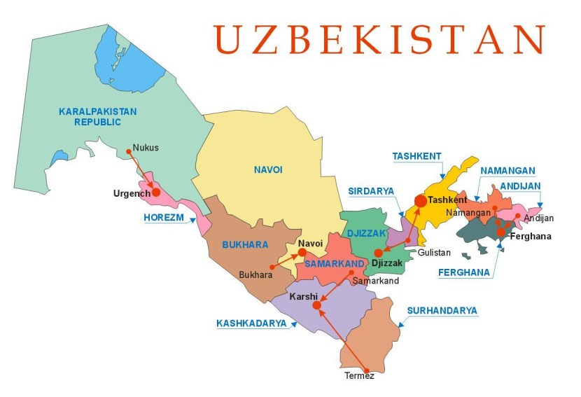 Map of Uzbekistan with cities in Russian
