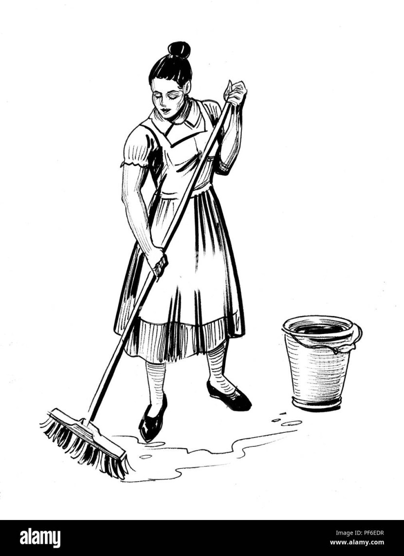 The housewife is vacuuming