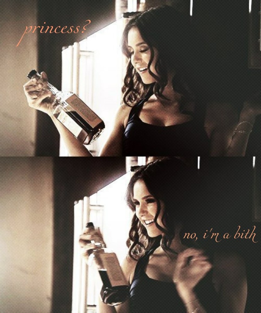 Katherine Pierce with a bottle