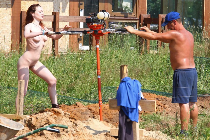 Erotic girls at a construction site