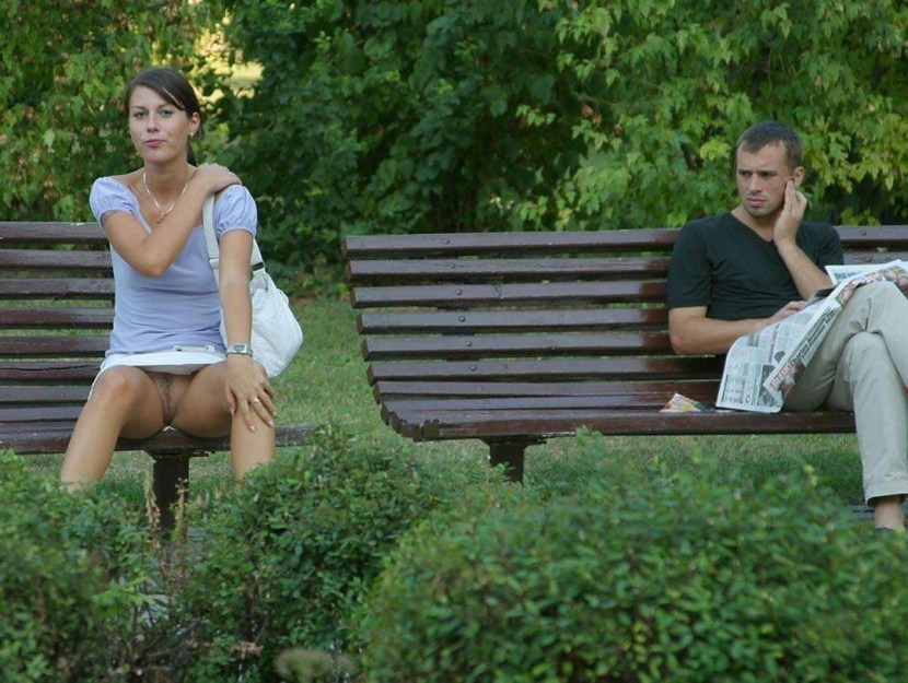 Girl on a bench without panties