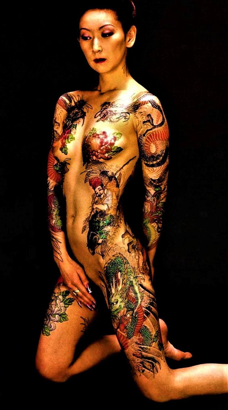 Naked Asian with tattoos