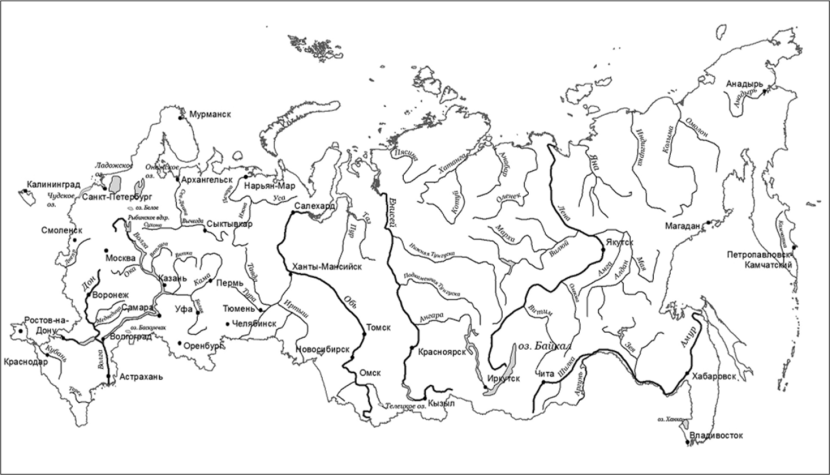 Rivers of Russia on a contour map with names