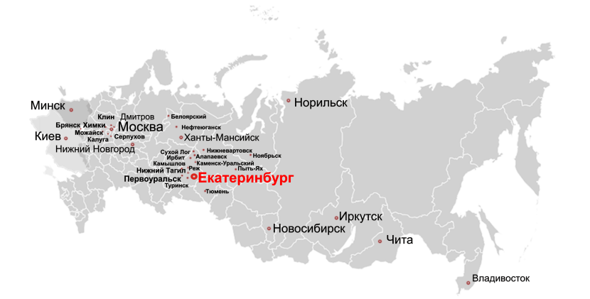 Yekaterinburg on the map of Russia