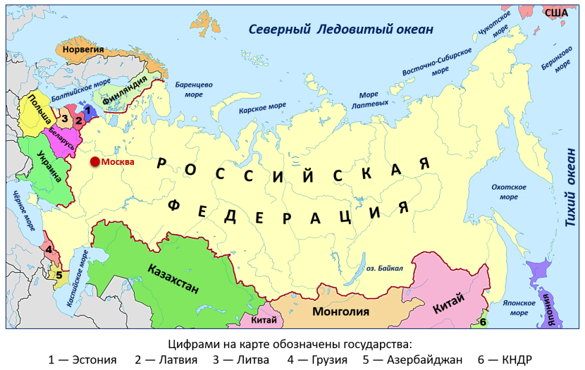 Russian map with borders of other countries