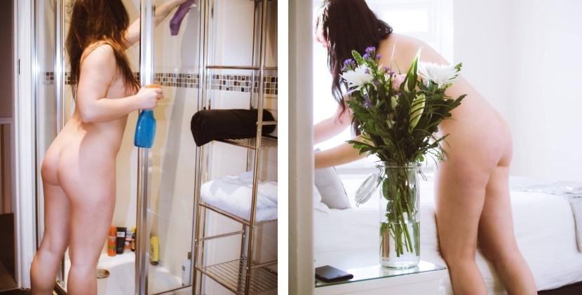 Naked women clean the house