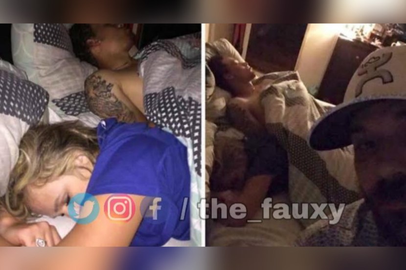 The wife is cheating while the husband is sleeping