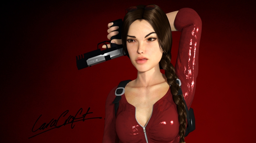 Lara Croft in a red dress